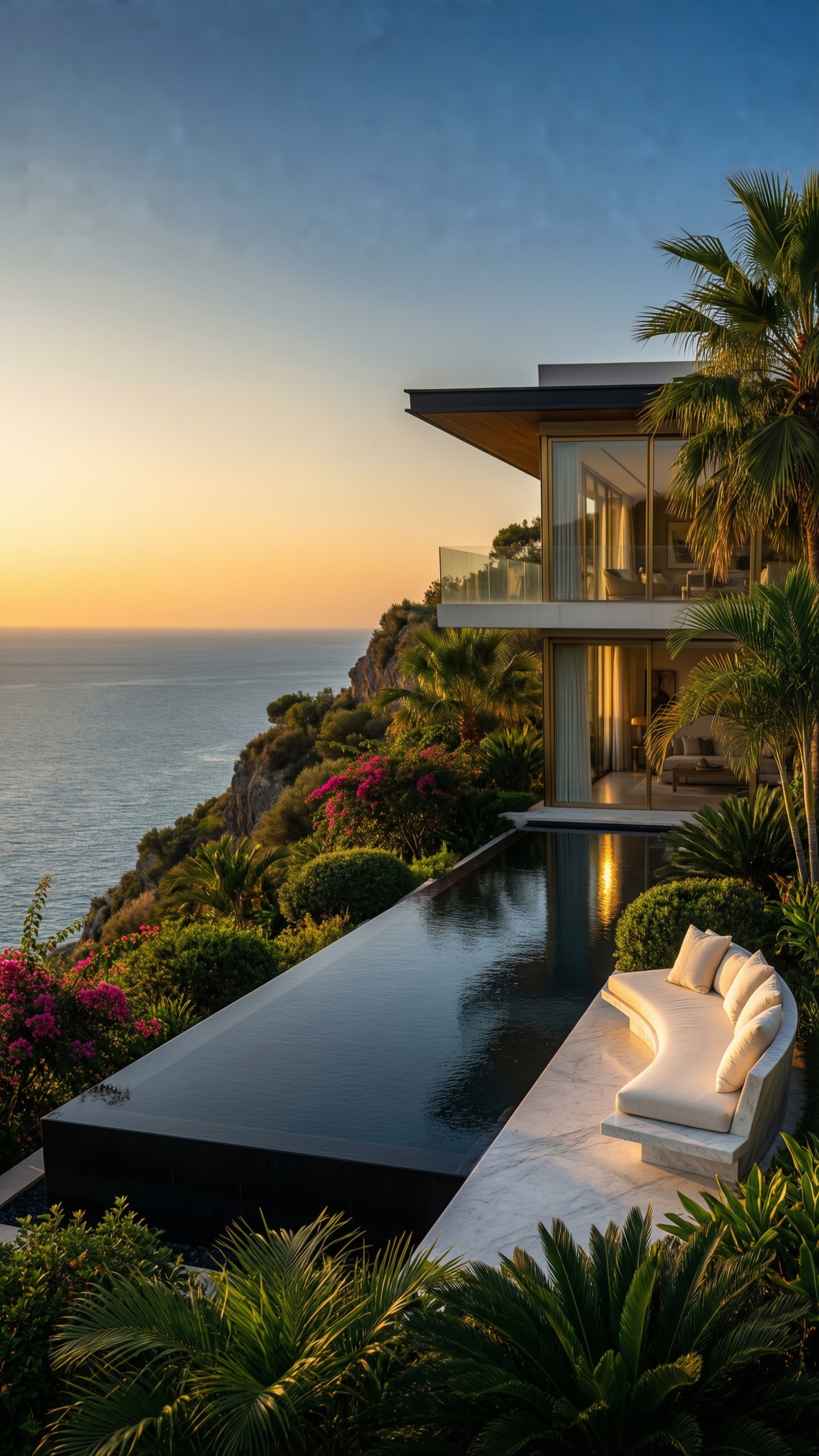 Luxury Cliffside Retreat Sunset 1 - AI generated wallpaper