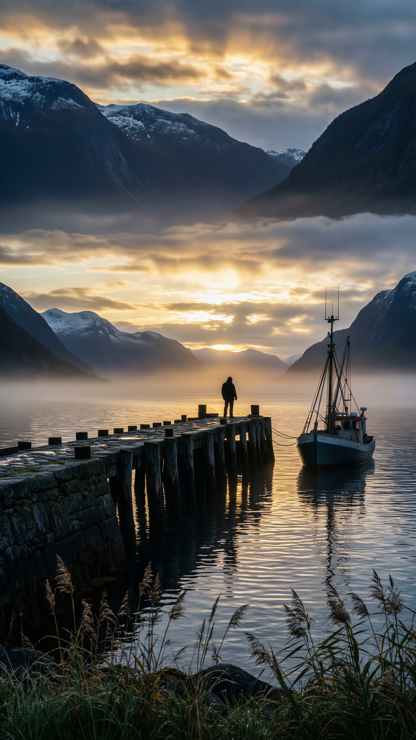 Misty Mountain Dock - AI generated wallpaper