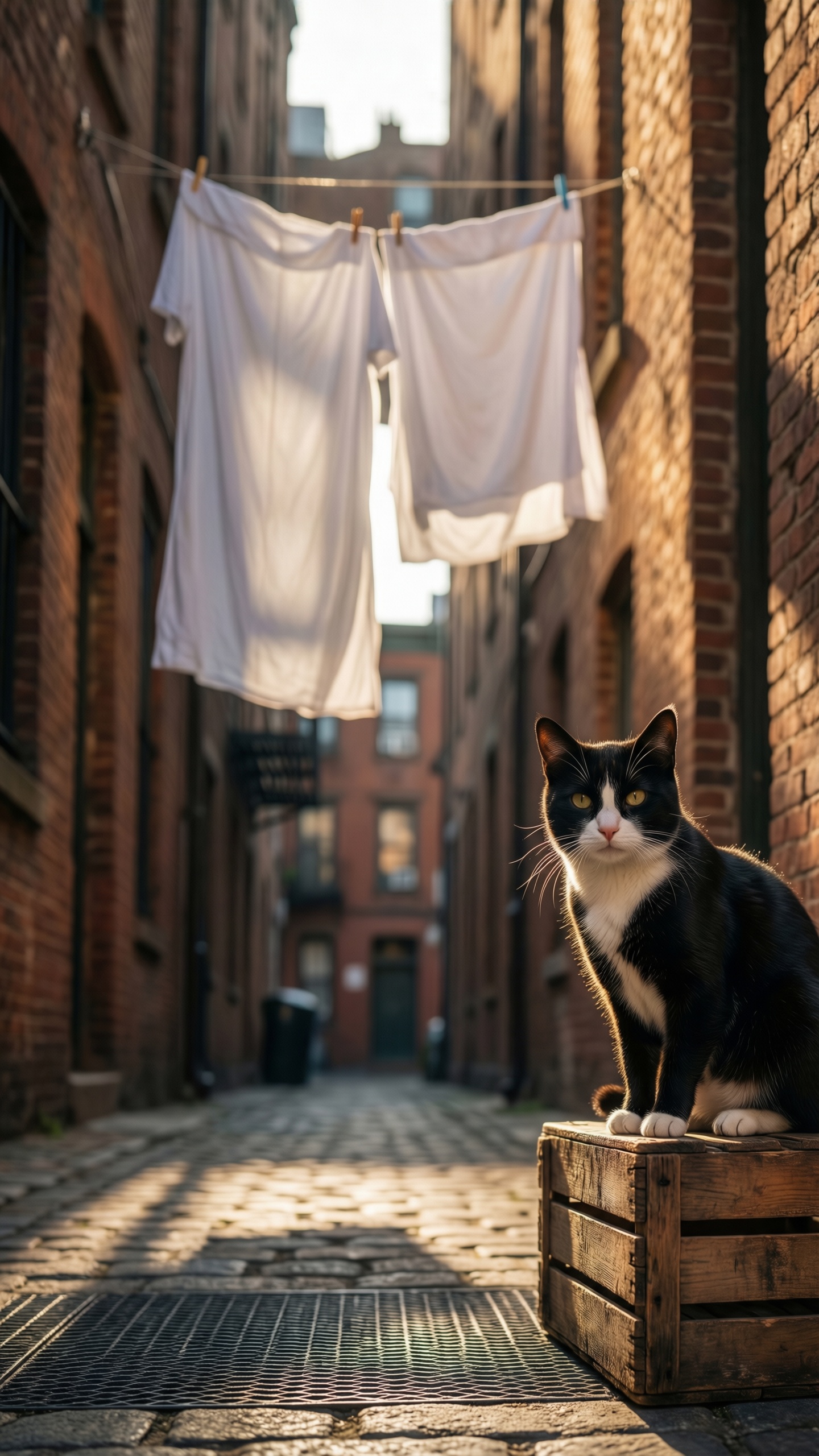 Cat in Cobblestone Alley - AI generated wallpaper