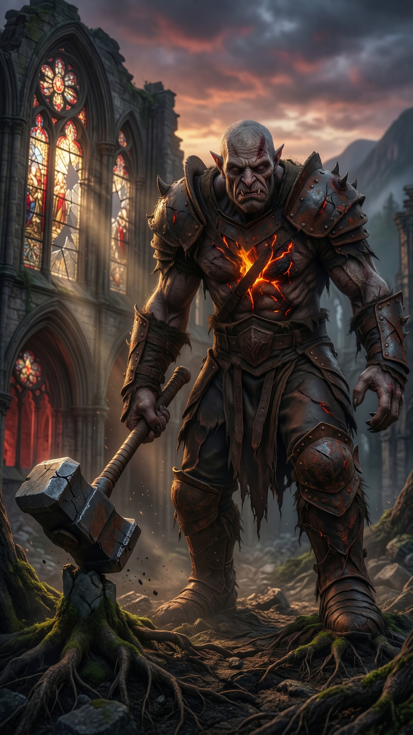 Dark Orc in Ruined Church - AI generated wallpaper