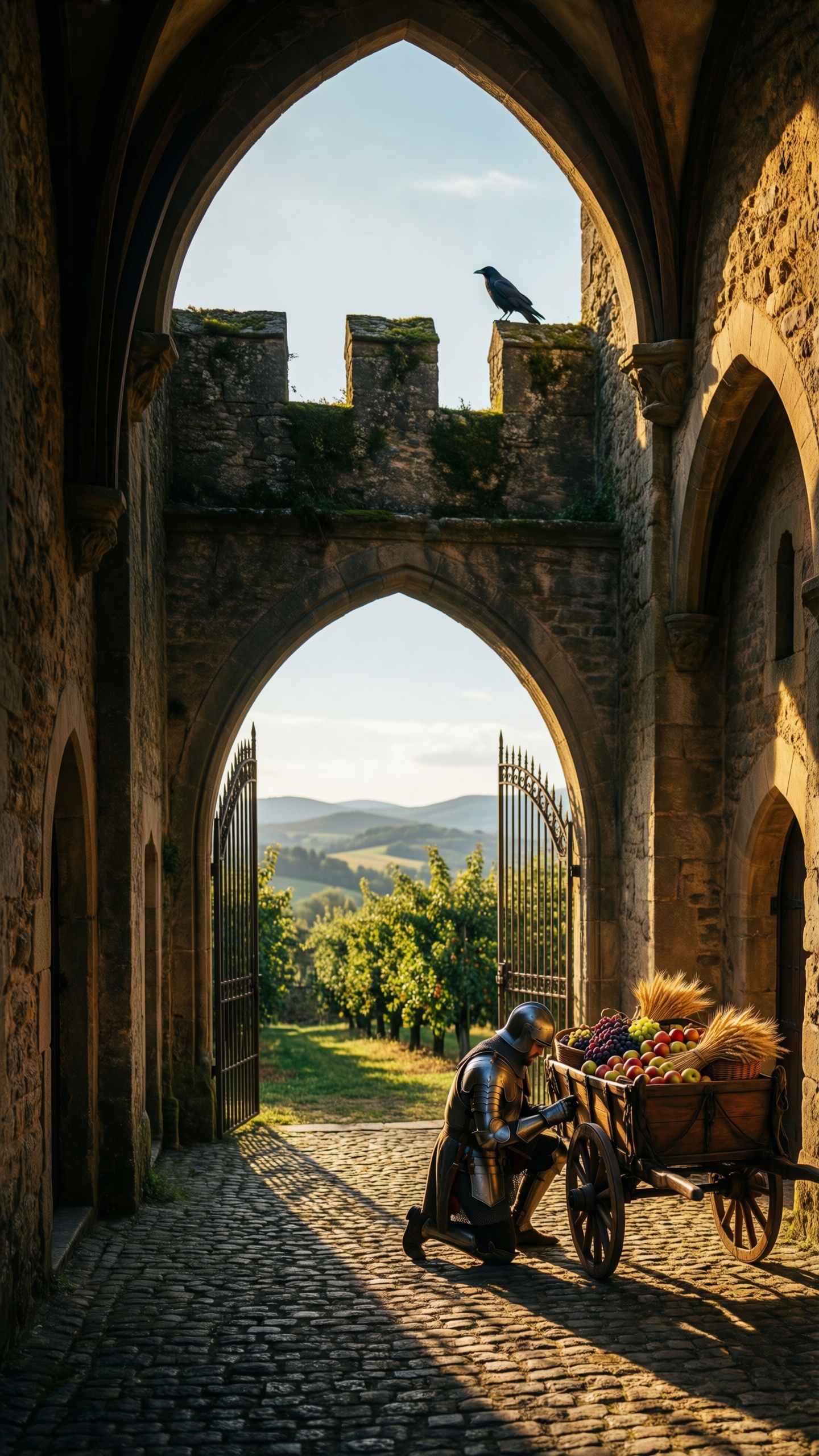 Medieval Castle Entrance with Knight and Cart - AI generated wallpaper