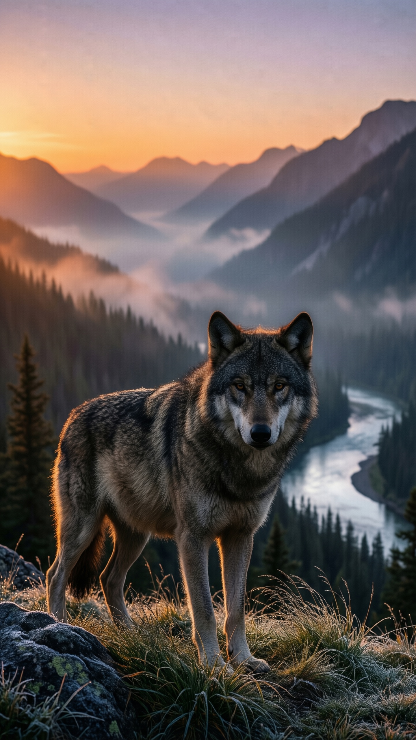 Wolf in the Mountain Sunset - AI generated wallpaper