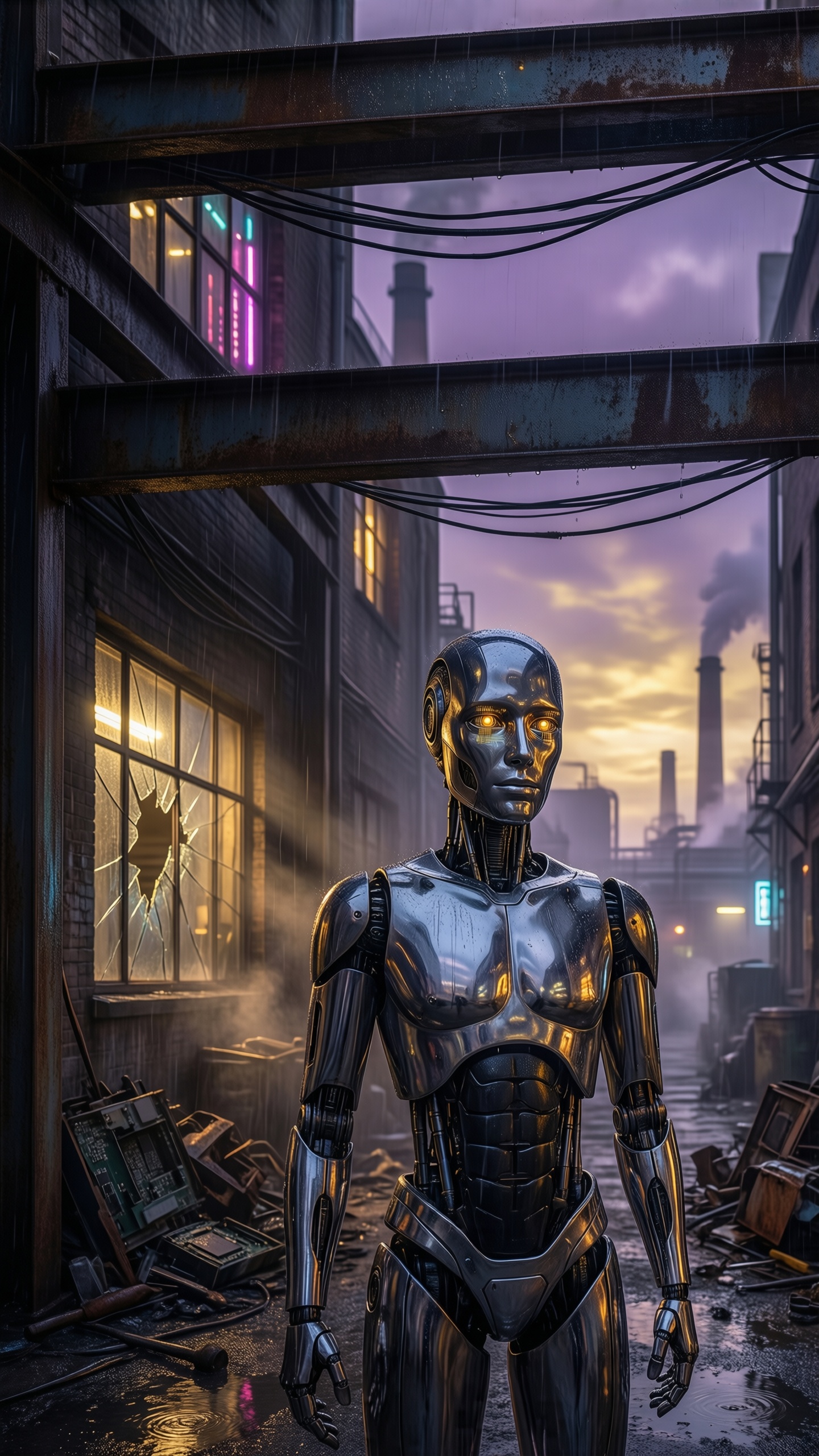Cyberpunk Robot In Rainy Alley 1 - AI generated wallpaper