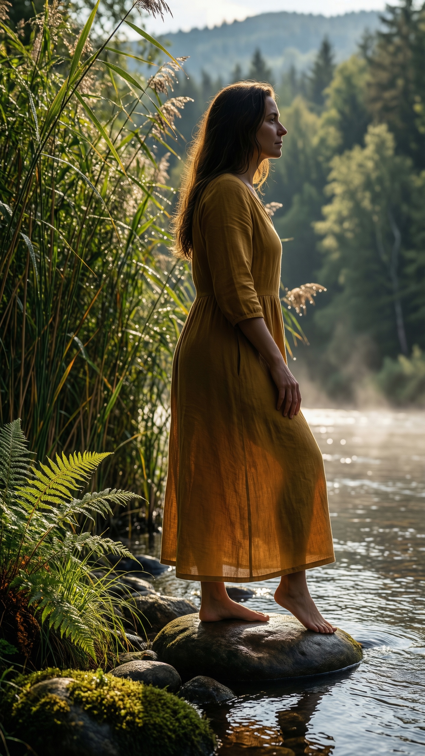 Woman in Yellow Dress by the River - AI generated wallpaper