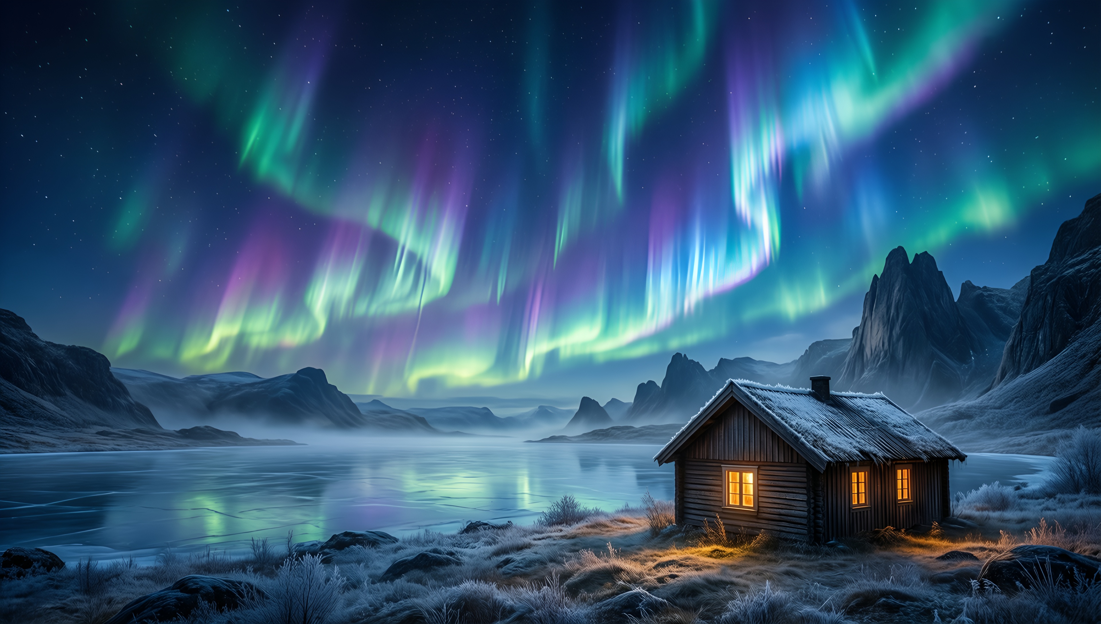 Aurora Borealis Over Cabin - AI generated wallpaper