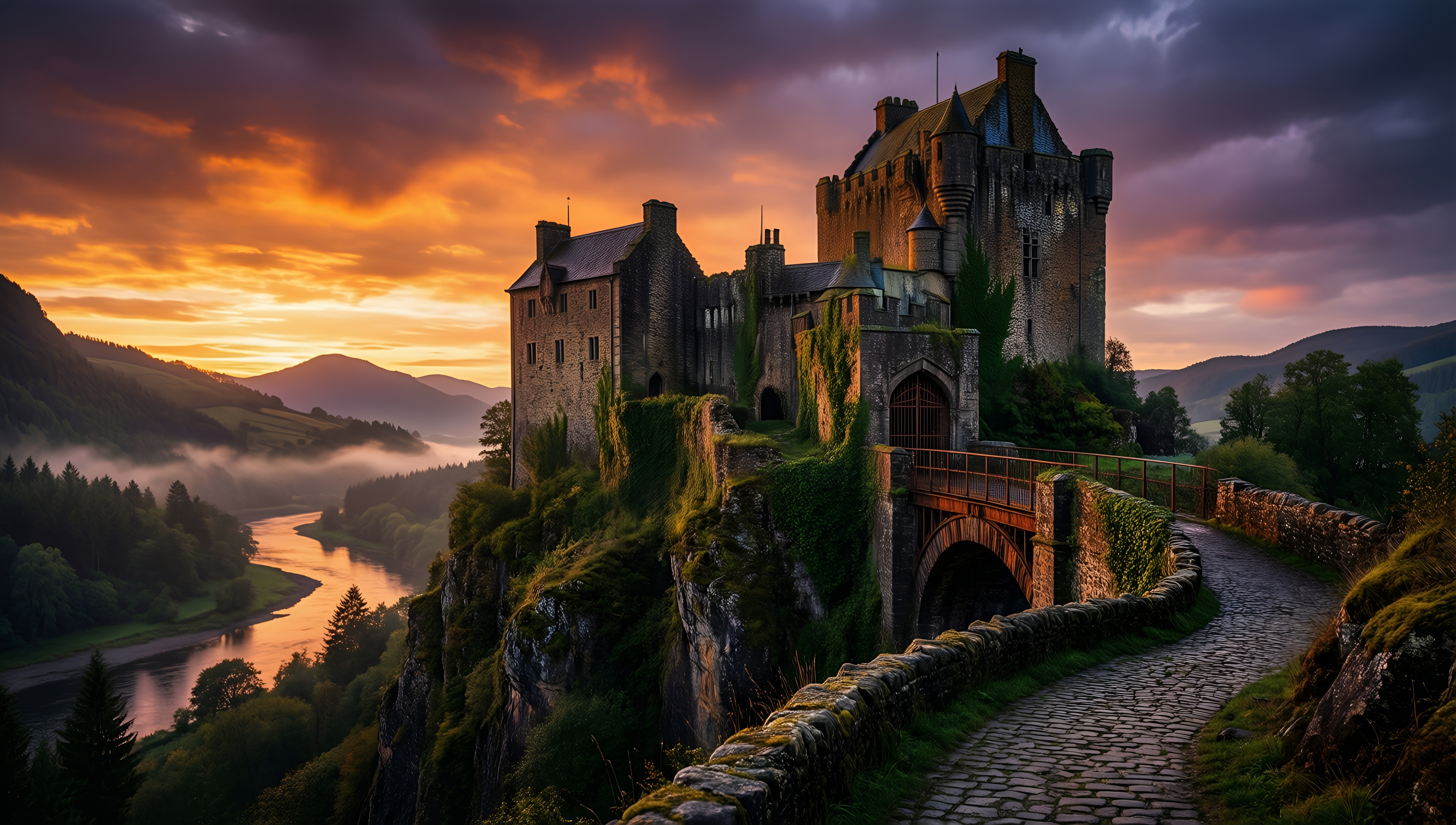 Majestic Castle Sunset - AI generated wallpaper