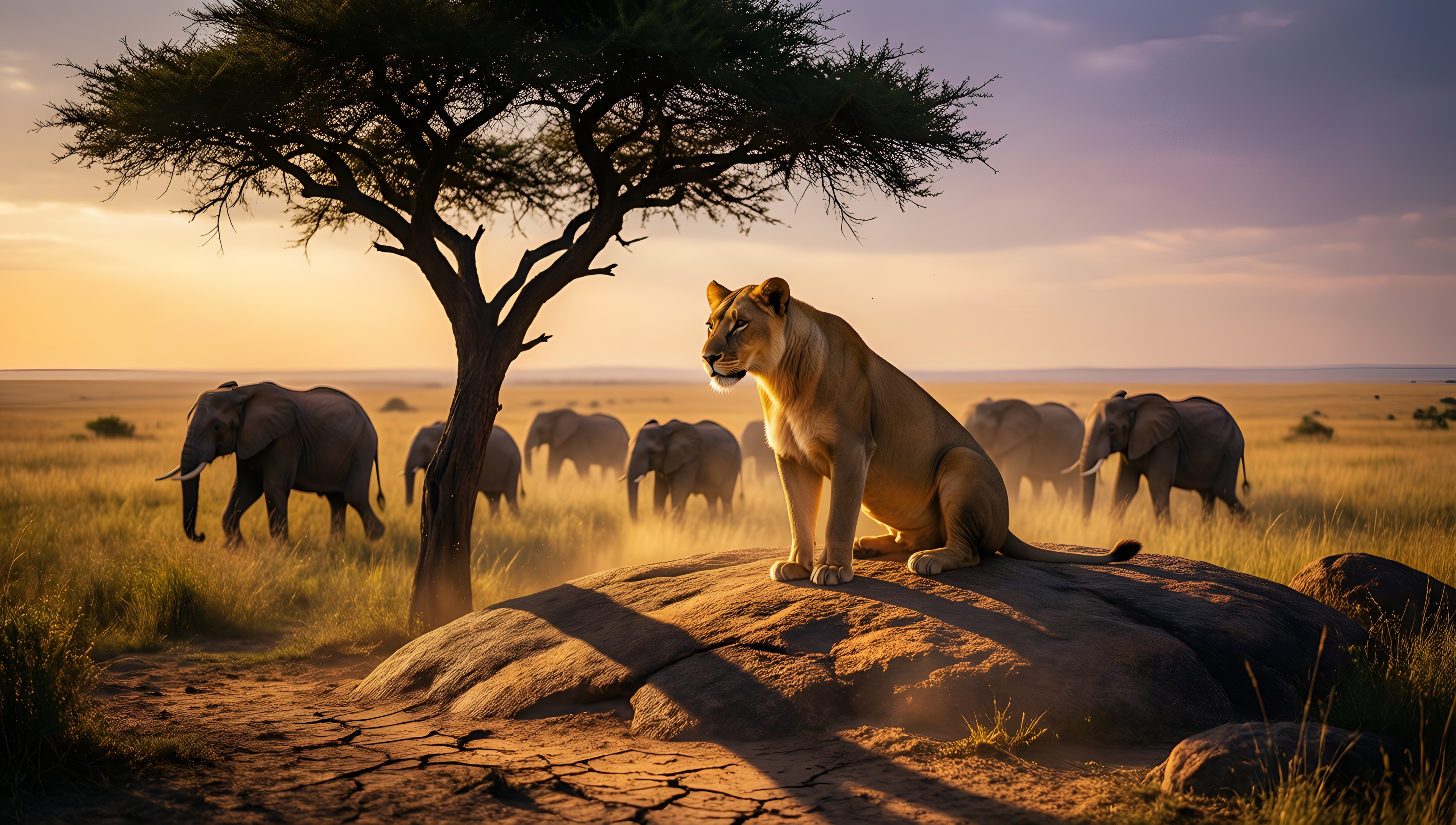 Savanna Sunset with Lion and Elephants - AI generated wallpaper