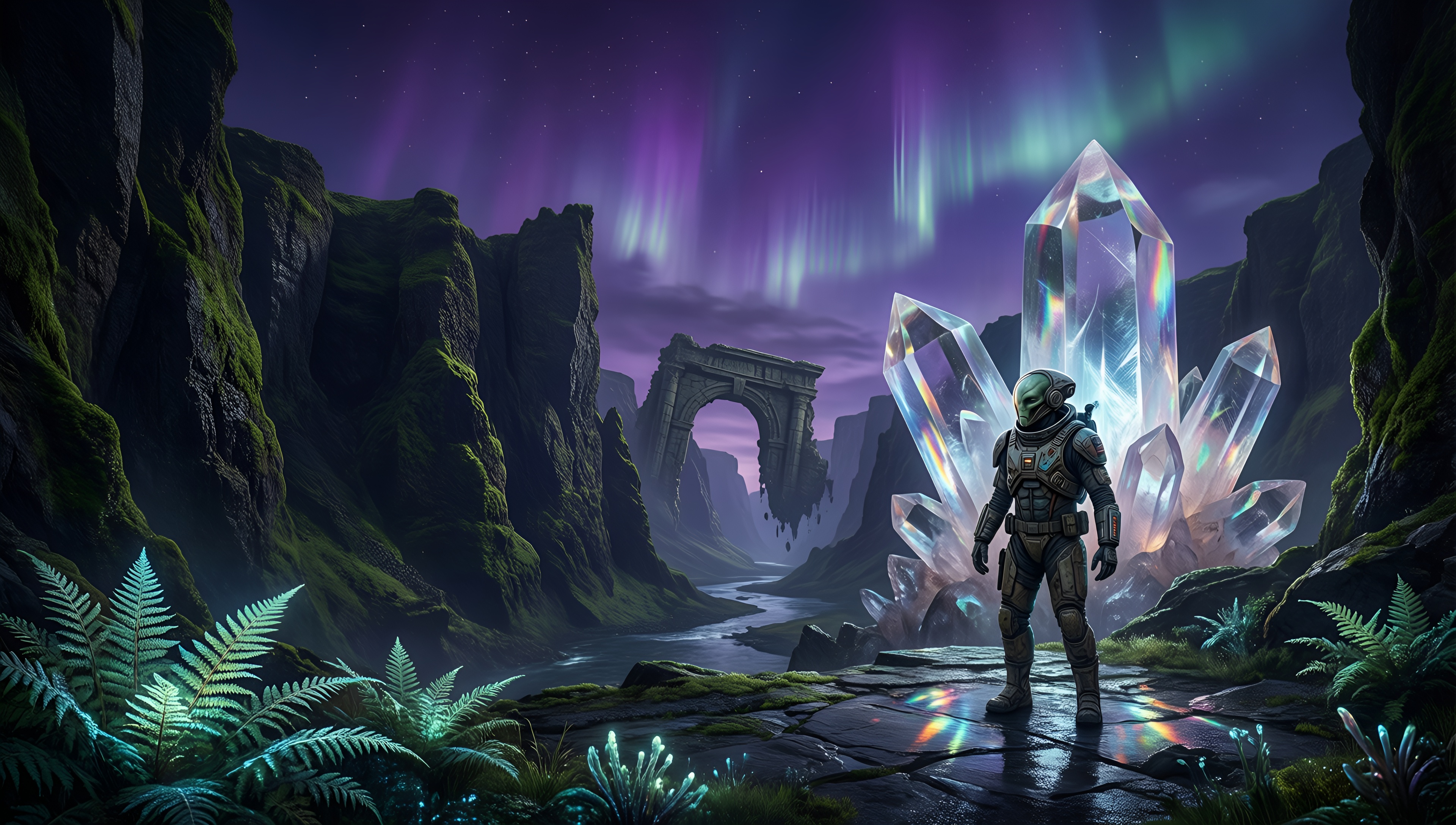 Mystic Crystals in a Fantasy Landscape - AI generated wallpaper