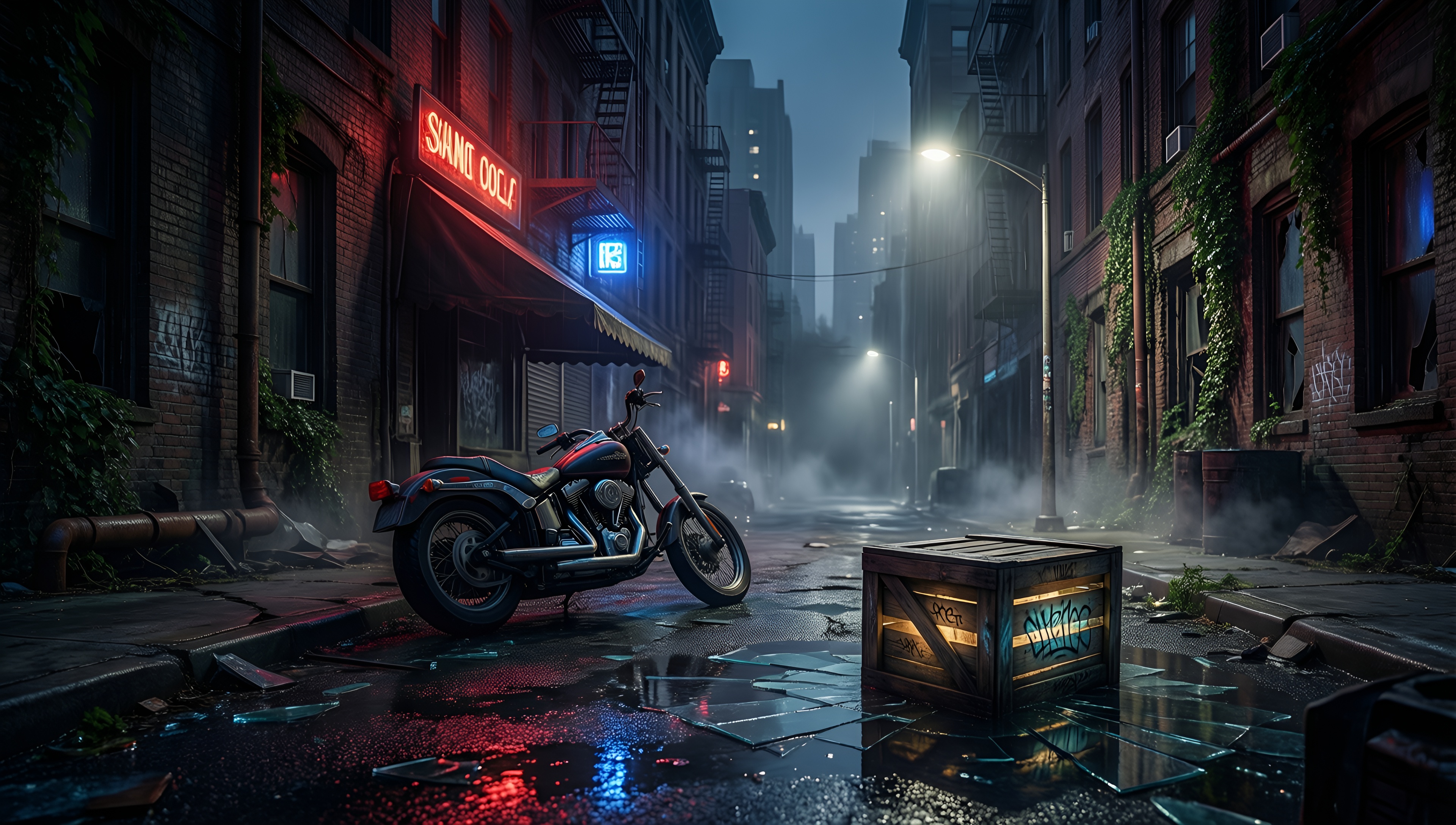 Cyberpunk Alleyway with Motorcycle - AI generated wallpaper