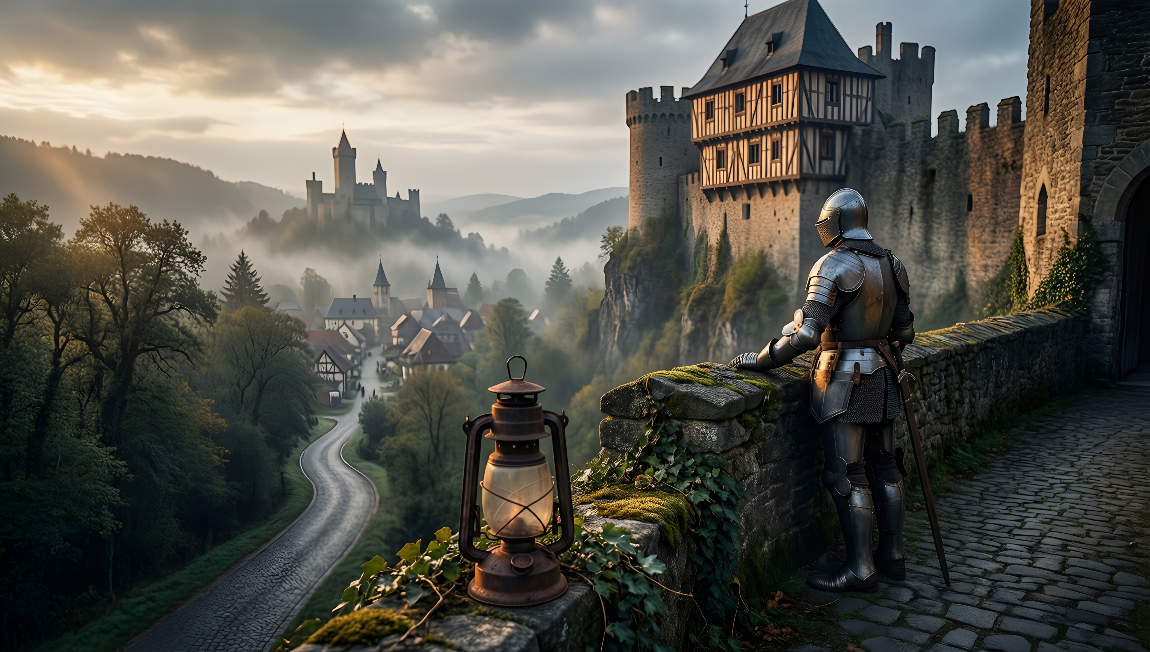 Misty Castle Dawn - AI generated wallpaper