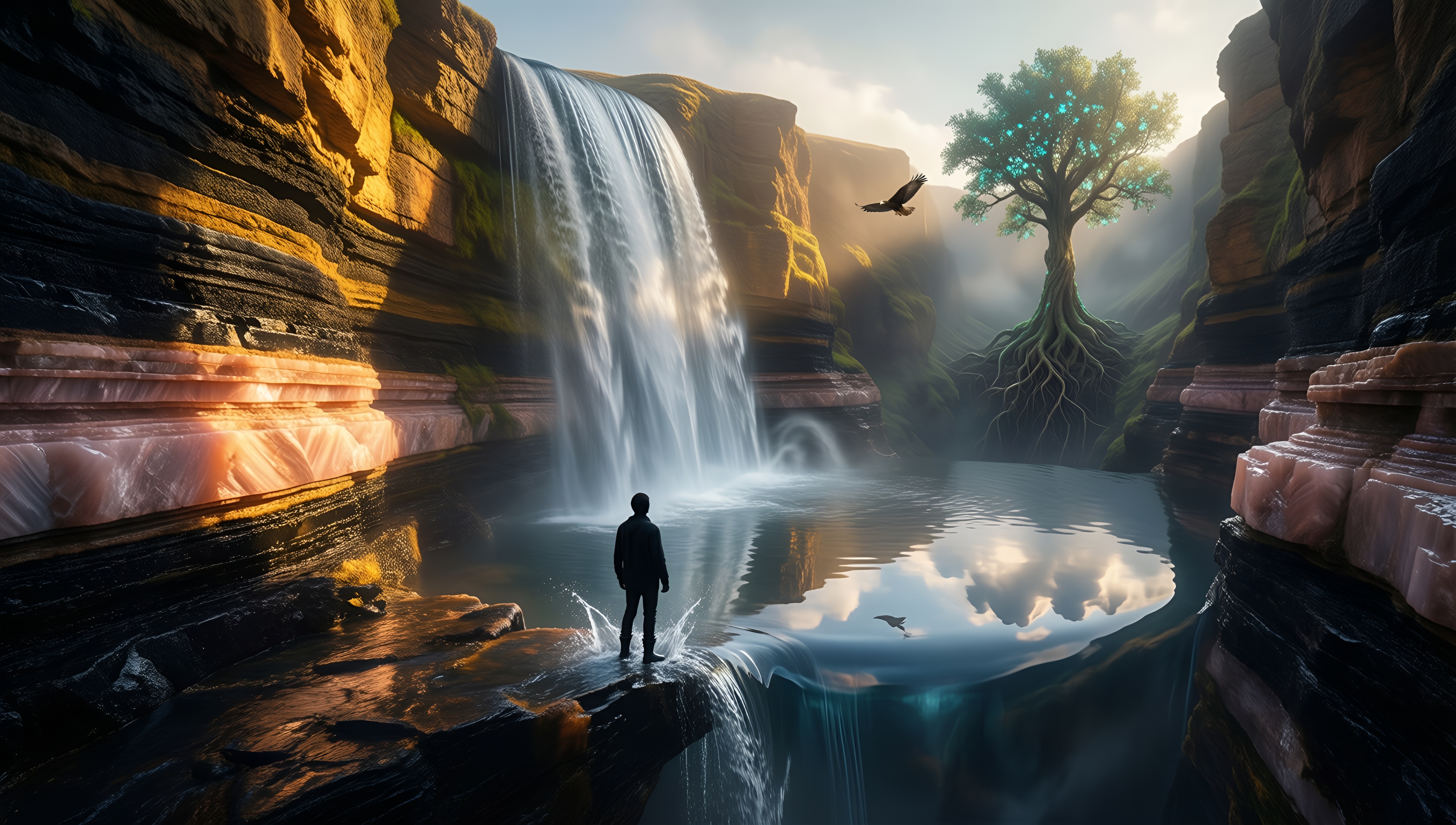 Mystic Waterfall Reflection - AI generated wallpaper