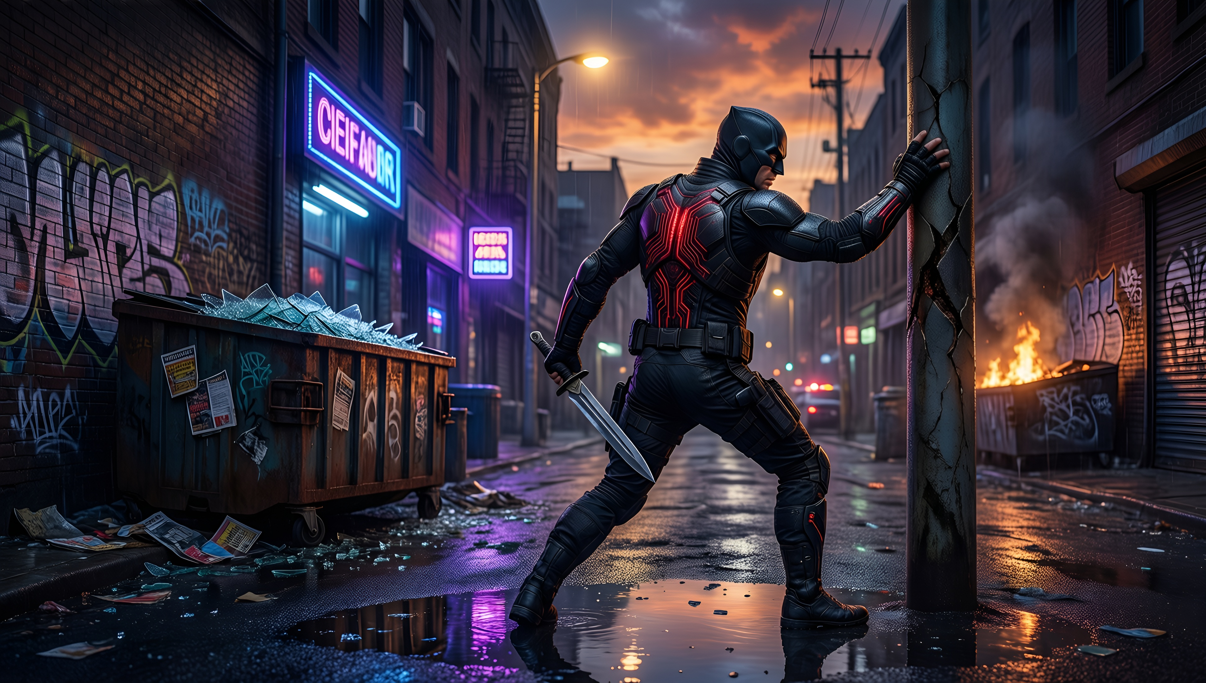 Cyberpunk Warrior in Neon Alley - AI generated wallpaper