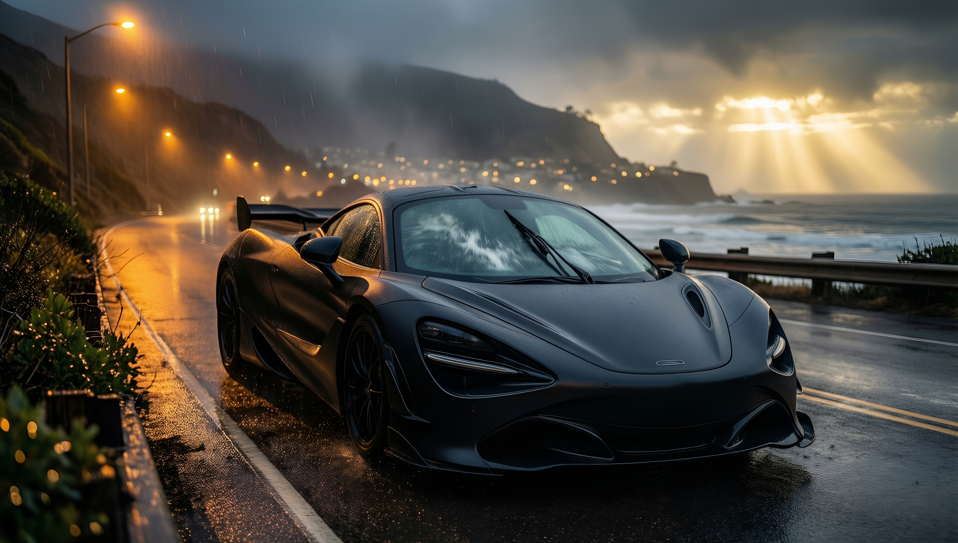 Rainy Coastal Drive - AI generated wallpaper