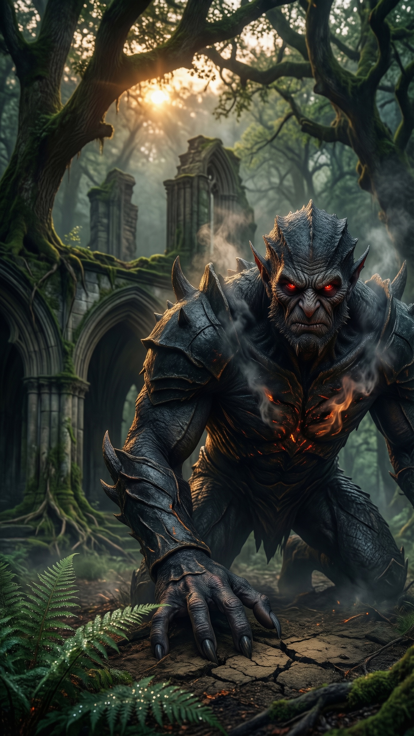 Dark Demon in Ruined Forest - AI generated wallpaper