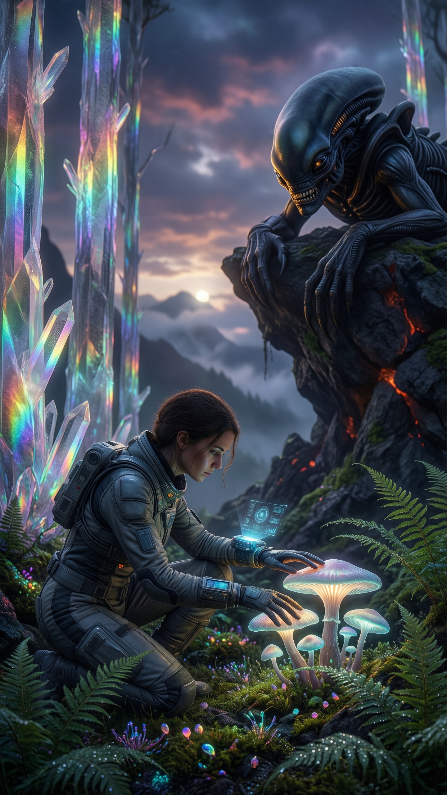 Alien Encounter in a Fantasy Forest - AI generated wallpaper