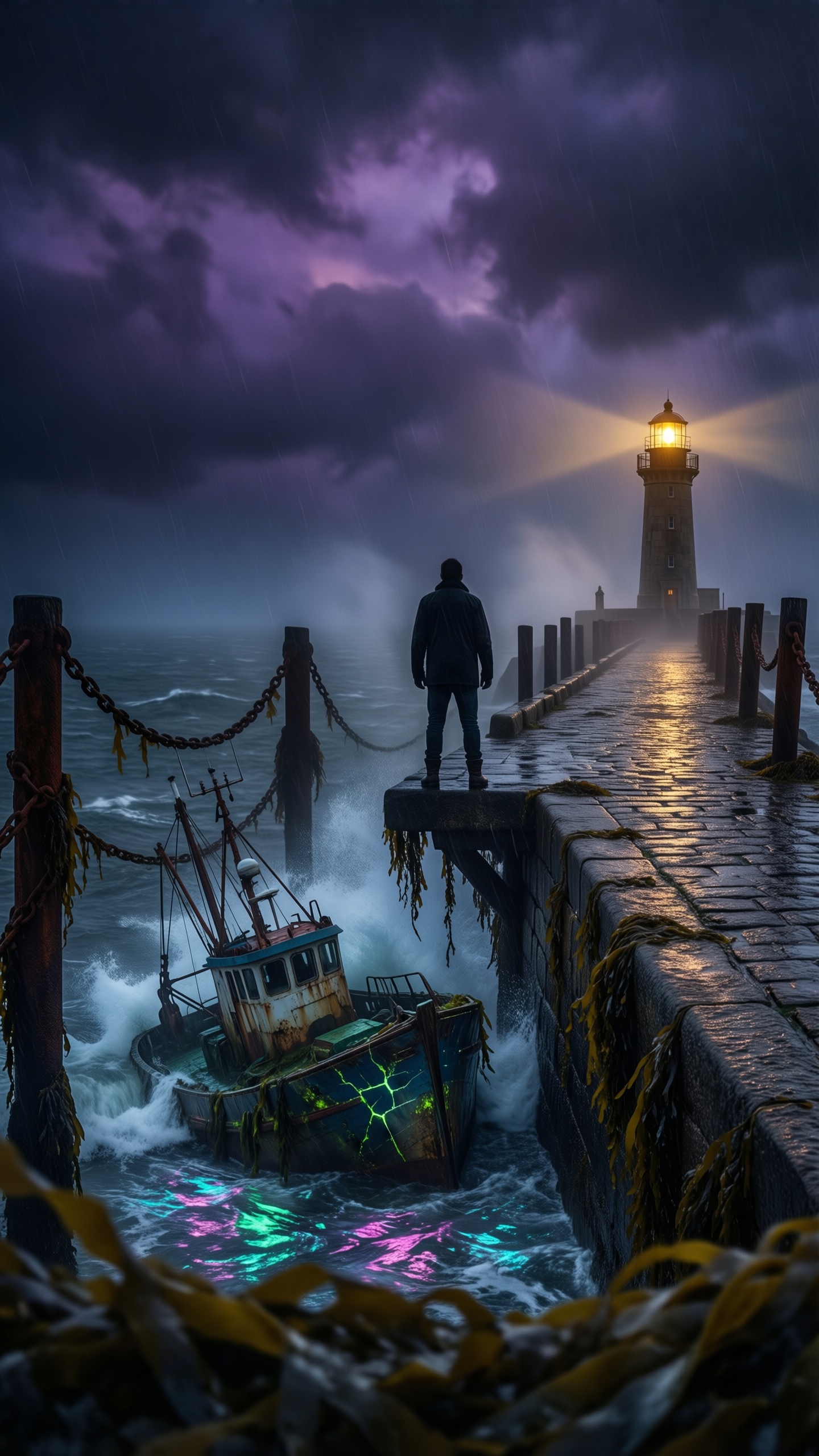 Mystic Lighthouse in Stormy Harbor - AI generated wallpaper