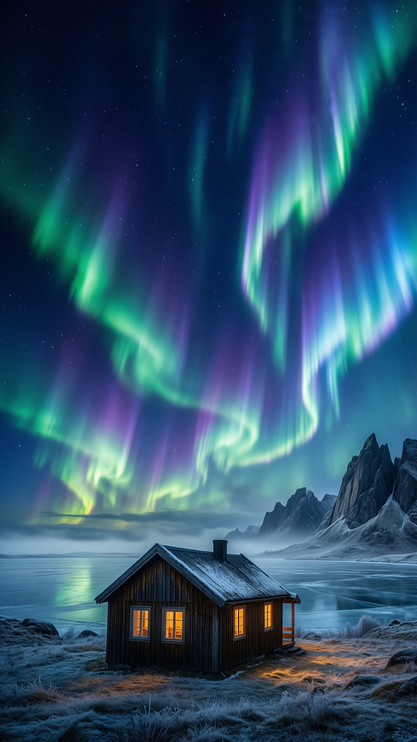 Northern Lights Over Cabin - AI generated wallpaper