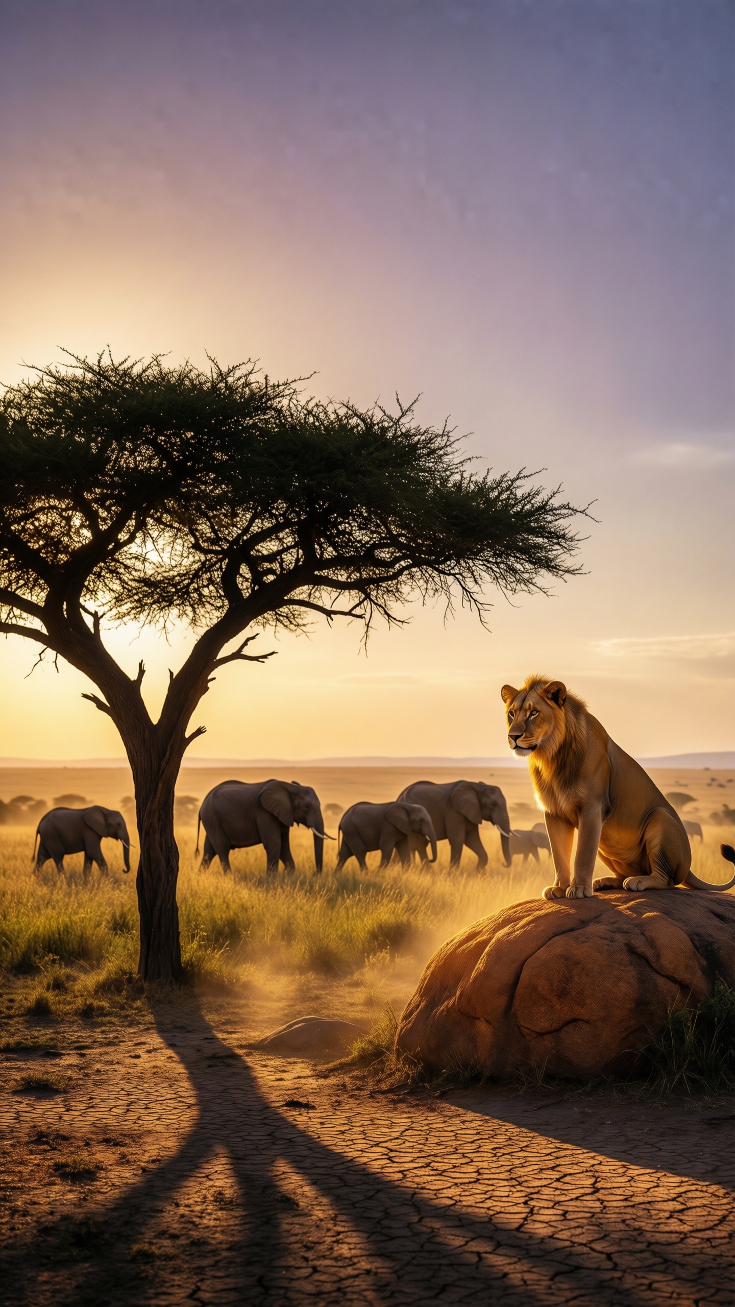 Serengeti Sunset with Lion and Elephants - AI generated wallpaper