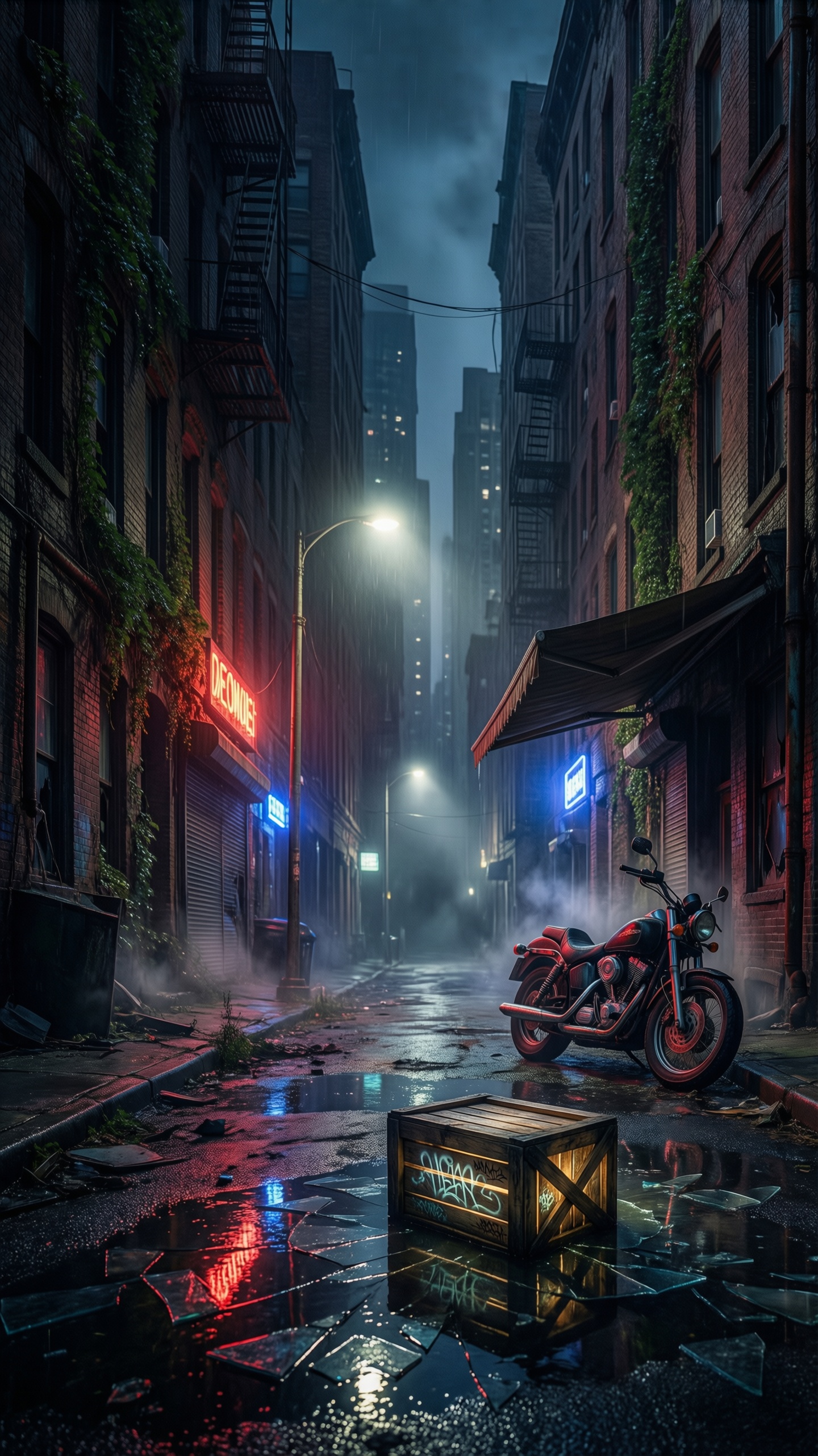 Cyberpunk Alley with Motorcycle - AI generated wallpaper