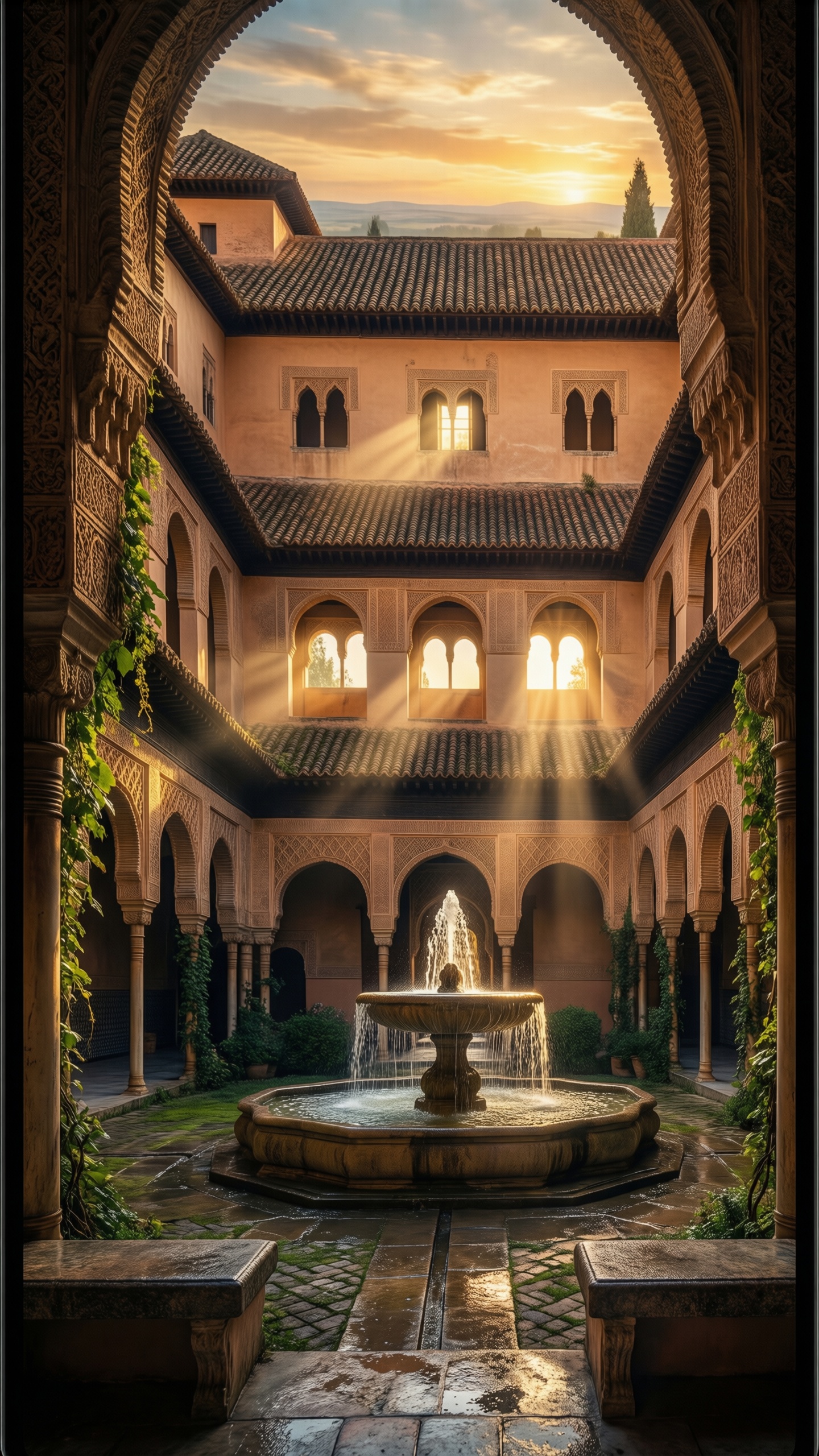Sunlit Courtyard of Alhambra - AI generated wallpaper