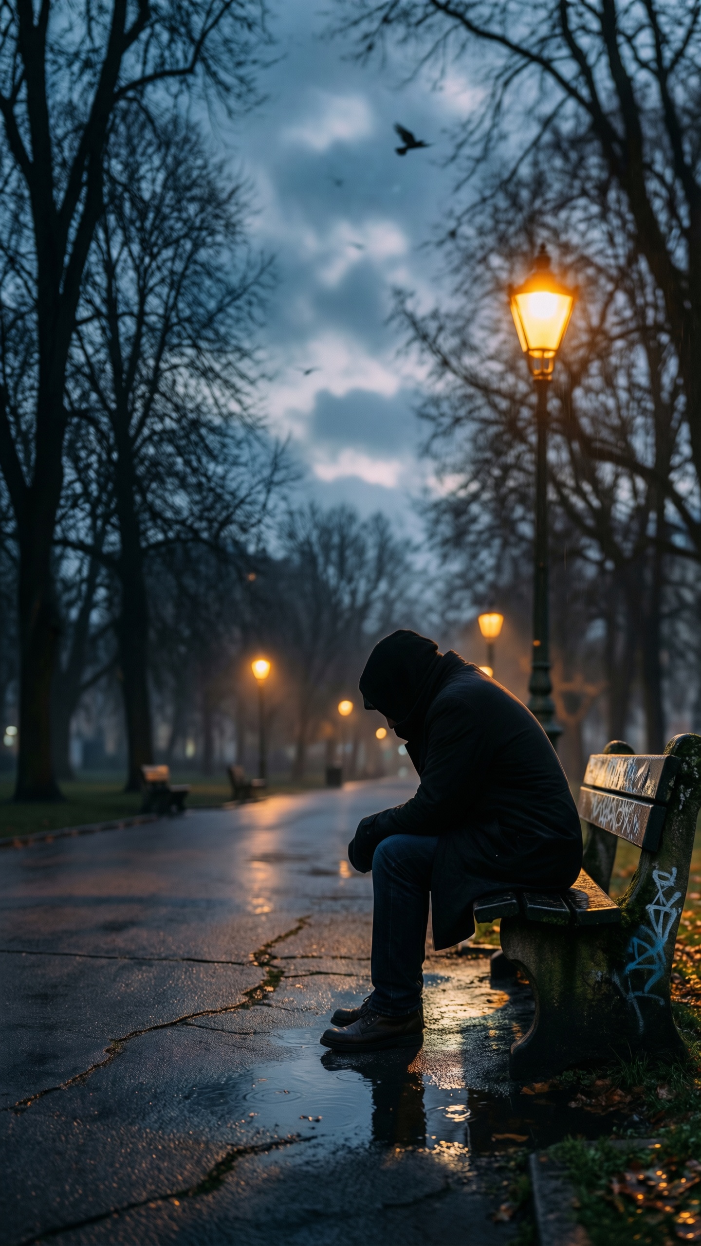 Lonely Man in the Rainy Park - AI generated wallpaper
