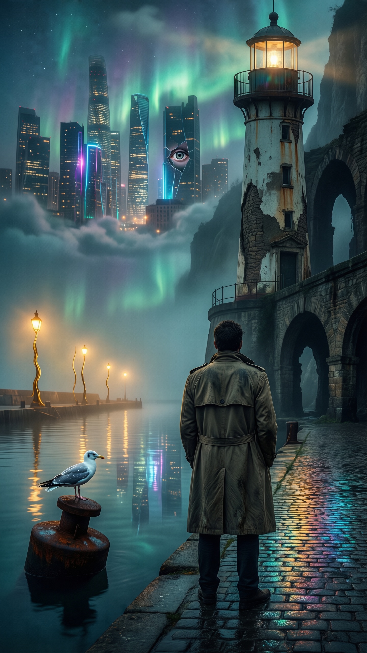 Cyberpunk Lighthouse Aurora - AI generated wallpaper