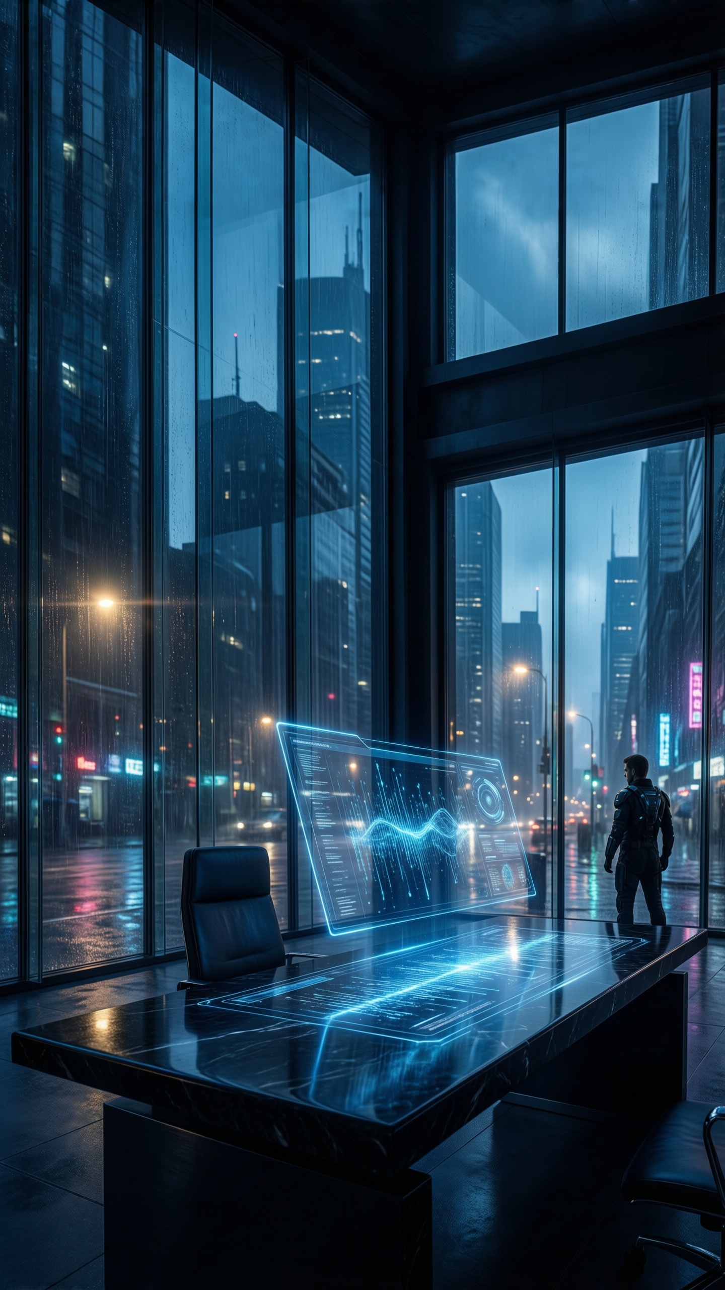 Cyberpunk Office in Neon Rain - AI generated wallpaper