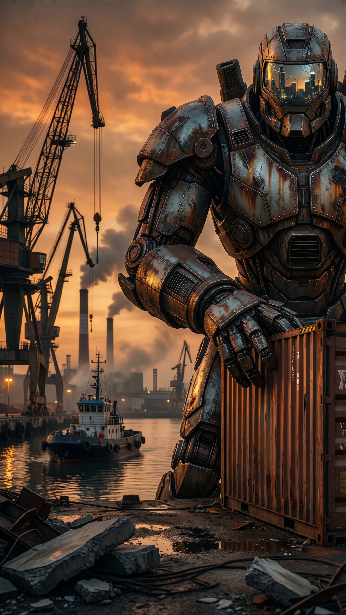 Cyberpunk Industrial Robot Sunset - AI generated wallpaper