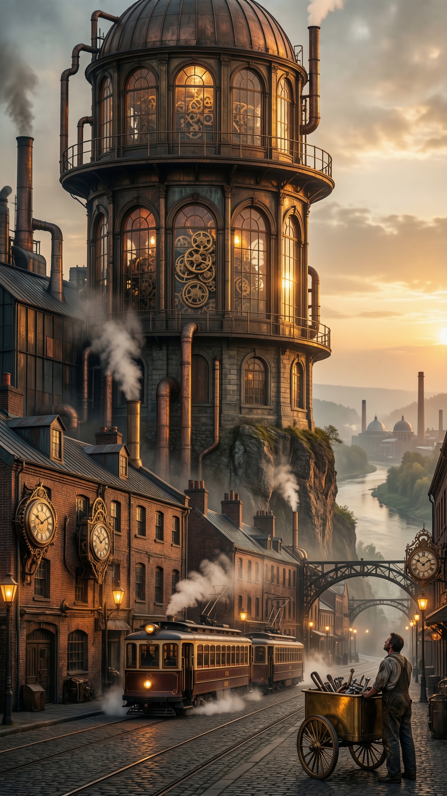 Steampunk Industrial Sunset - AI generated wallpaper