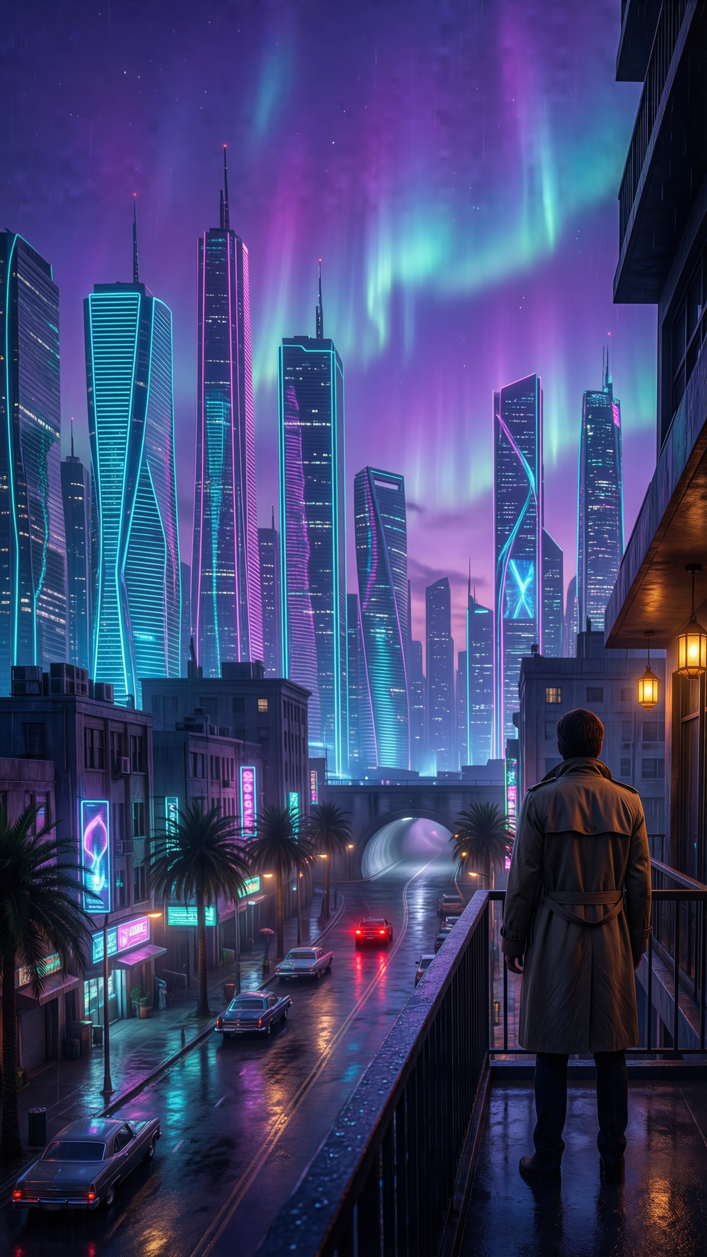 Cyberpunk Cityscape With Aurora Borealis 1 - AI generated wallpaper