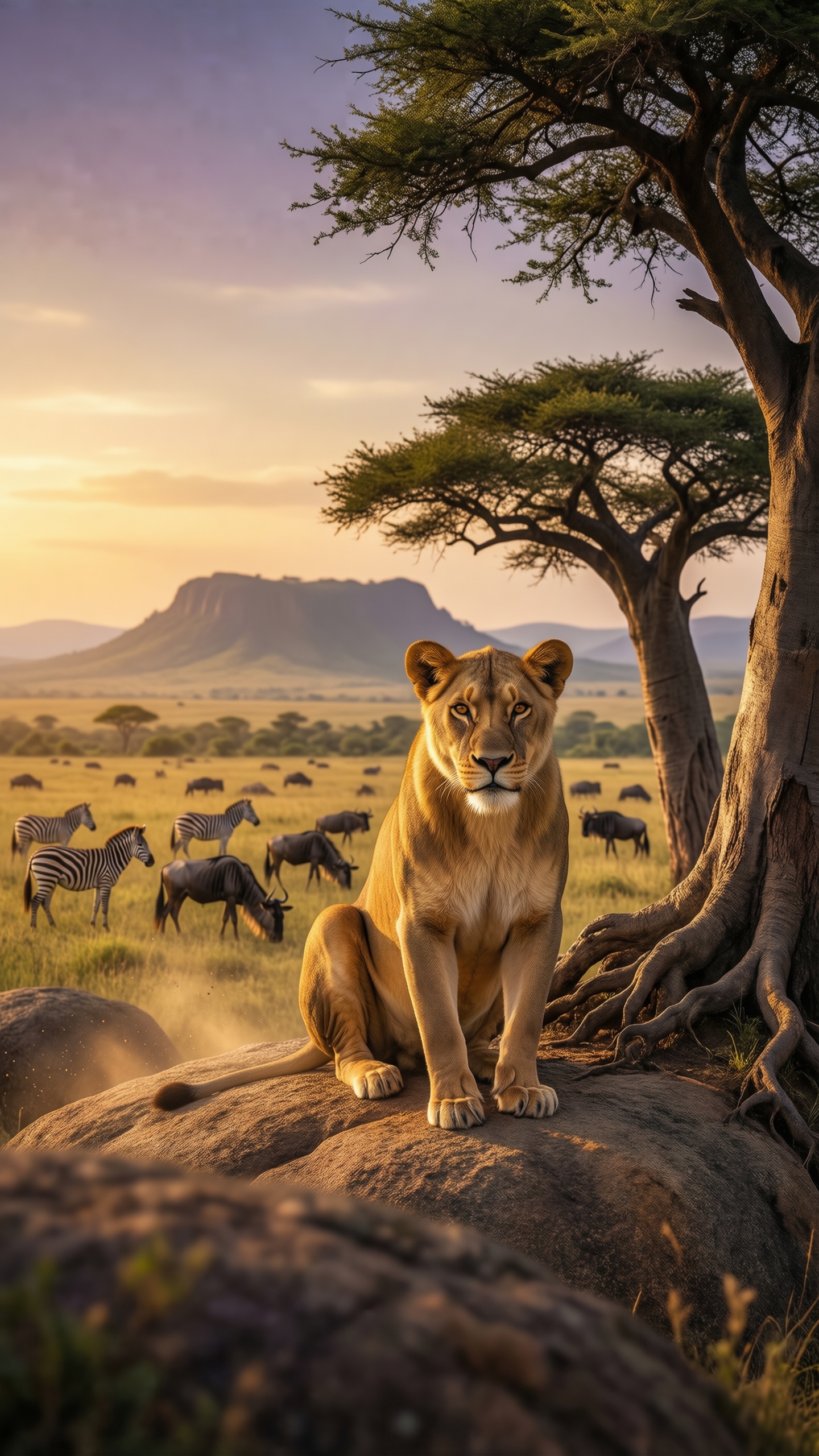 Serengeti Lion Sunset - AI generated wallpaper