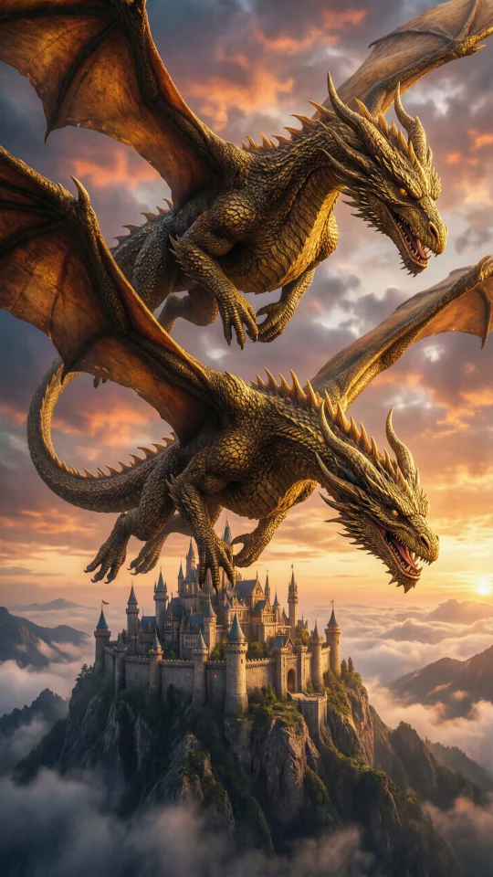 Dragons Over Castle Sunset