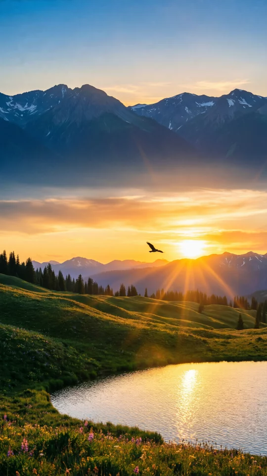 Sunset Over Mountain Lake