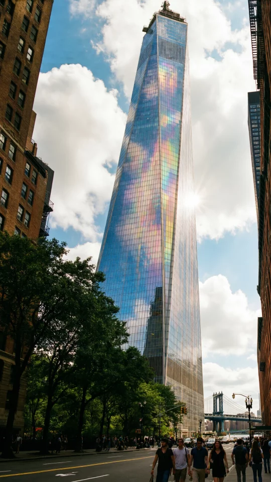 Reflective Cityscape with Rainbow Reflections