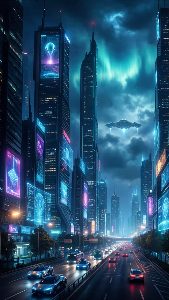 Cyberpunk Cityscape with Futuristic Vehicles