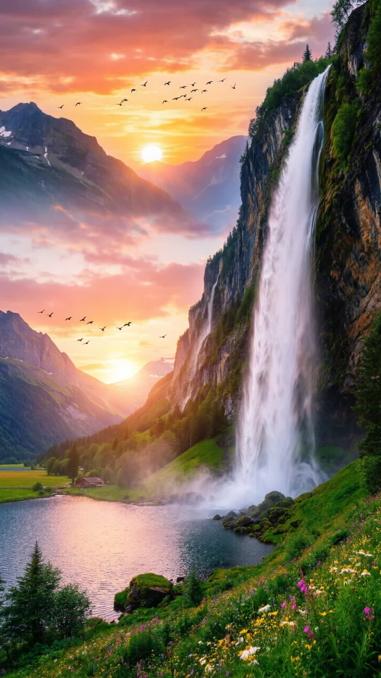 Sunset Over Mountain Waterfall