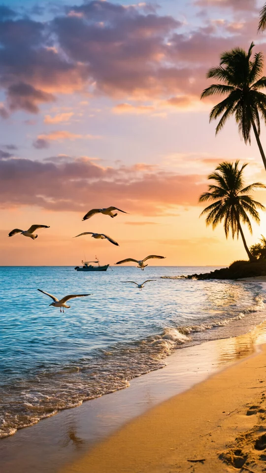 Sunset Beach with Seagulls