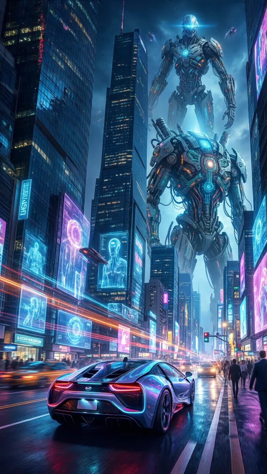 Cyberpunk Cityscape with Giant Robot