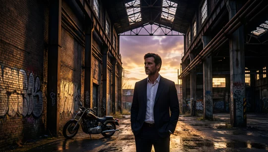 Industrial Sunset: Man in Suit