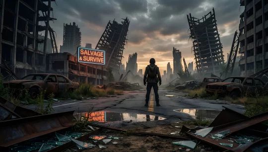 Apocalyptic Cityscape with Neon Sign