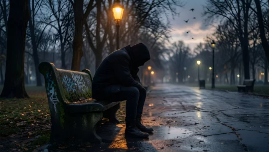 Lonely Man in Foggy Park